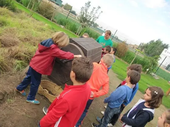 Grupo escolar durante las actividades de campo en la huerta de la alquería